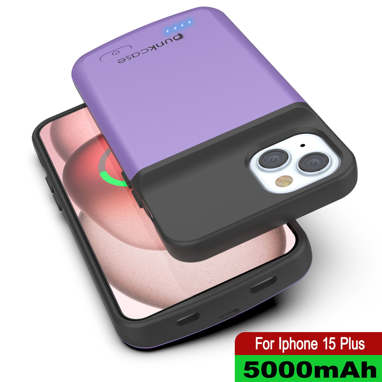 iPhone 15 Plus Battery Case, PunkJuice 5000mAH Fast Charging Power Bank W/ Screen Protector | [Purple]