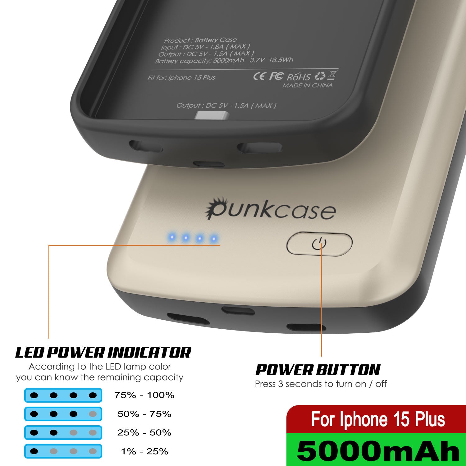 iPhone 15 Plus Battery Case, PunkJuice 5000mAH Fast Charging Power Bank W/ Screen Protector | [Gold]