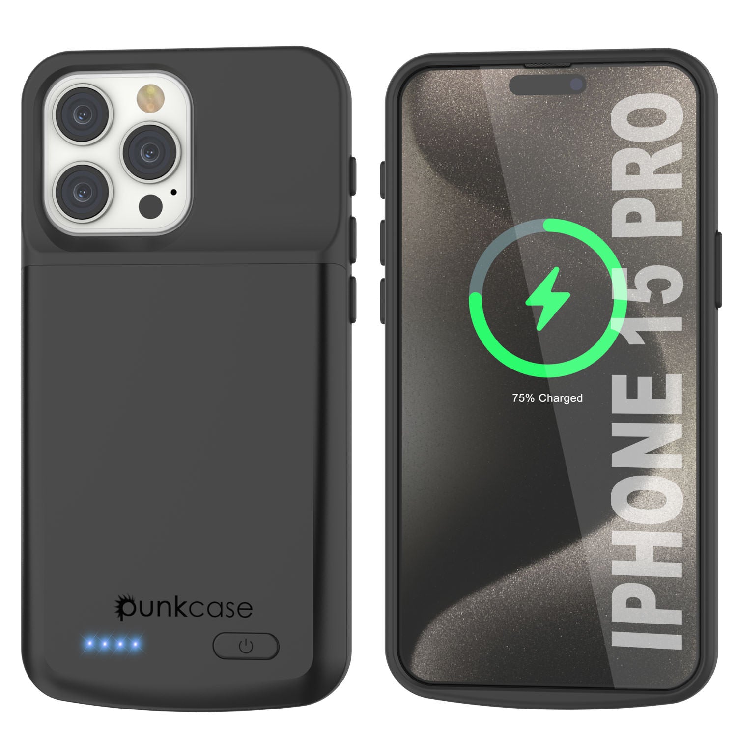 iPhone 15 Pro Battery Case, PunkJuice 5000mAH Fast Charging Power Bank W/ Screen Protector | [Black]