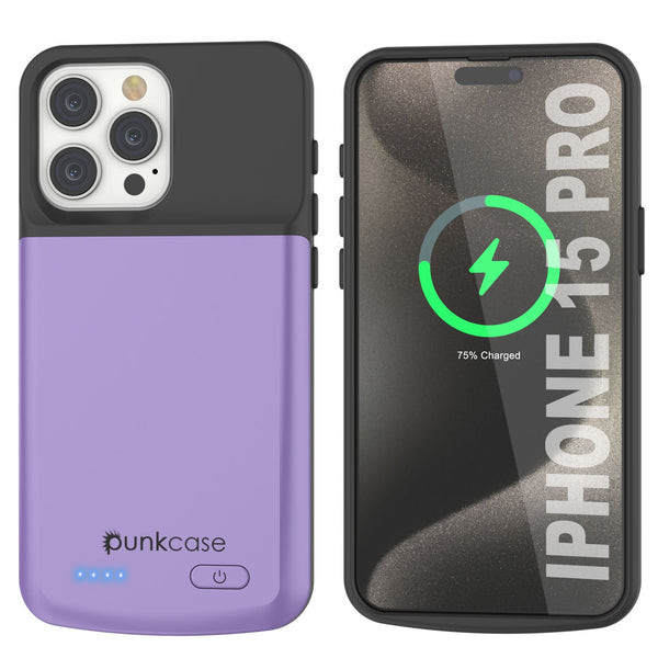 iPhone 15 Pro Battery Case, PunkJuice 5000mAH Fast Charging Power Bank W/ Screen Protector | [Purple]