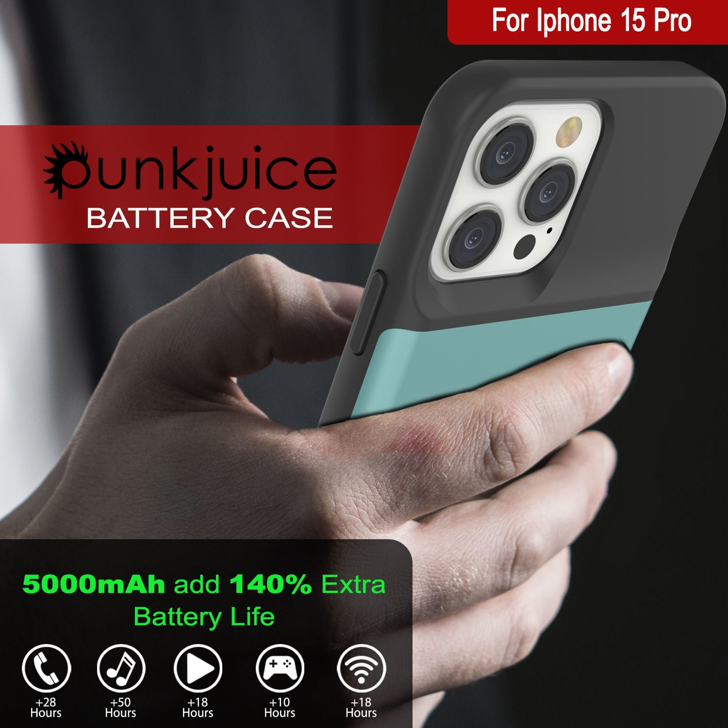 iPhone 15 Pro Battery Case, PunkJuice 5000mAH Fast Charging Power Bank W/ Screen Protector | [Teal]