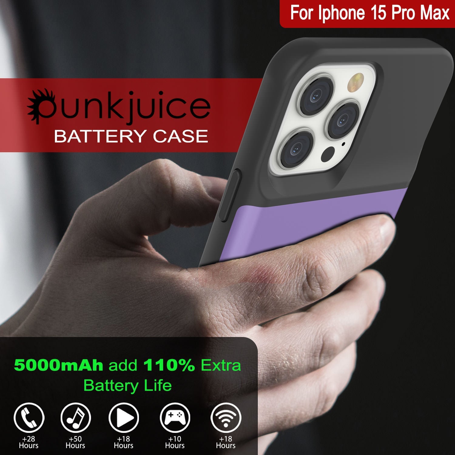 iPhone 15 Pro Max Battery Case, PunkJuice 5000mAH Fast Charging Power Bank W/ Screen Protector | [Purple]