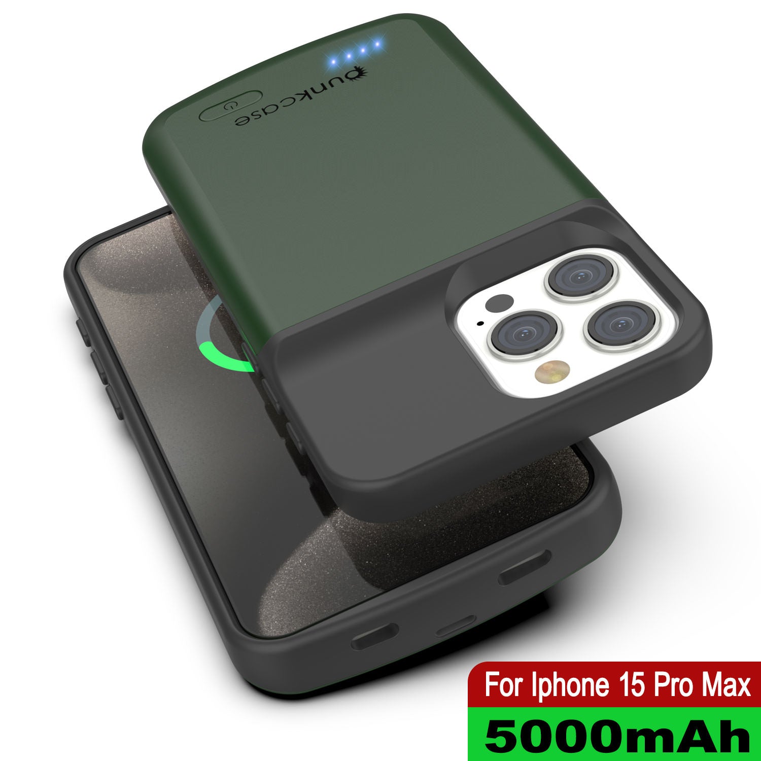 iPhone 16 Pro Max Battery Case, PunkJuice 8000mAH Fast Charging MagSafe Power Bank W/ Screen Protector | [Green]