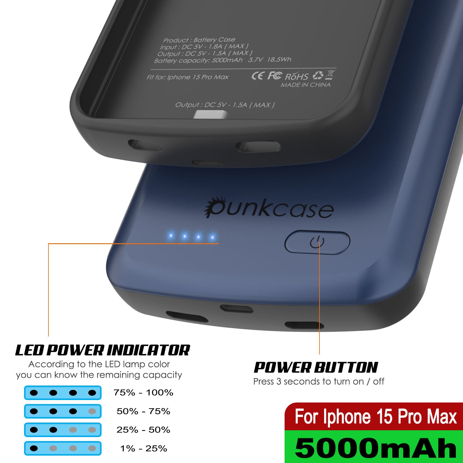 iPhone 15 Pro Max Battery Case, PunkJuice 5000mAH Fast Charging Power Bank W/ Screen Protector | [Navy Blue]