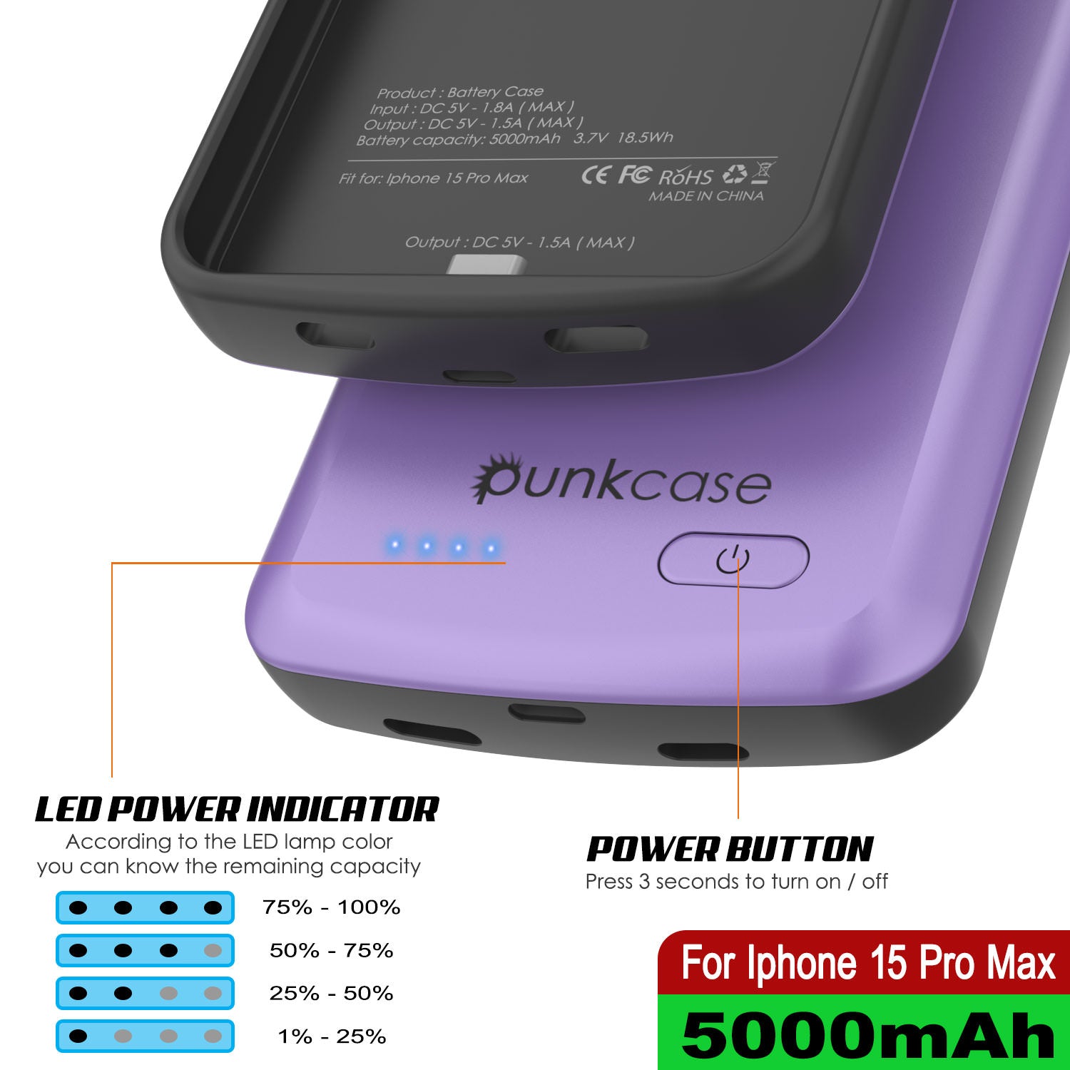 iPhone 15 Pro Max Battery Case, PunkJuice 5000mAH Fast Charging Power Bank W/ Screen Protector | [Purple]