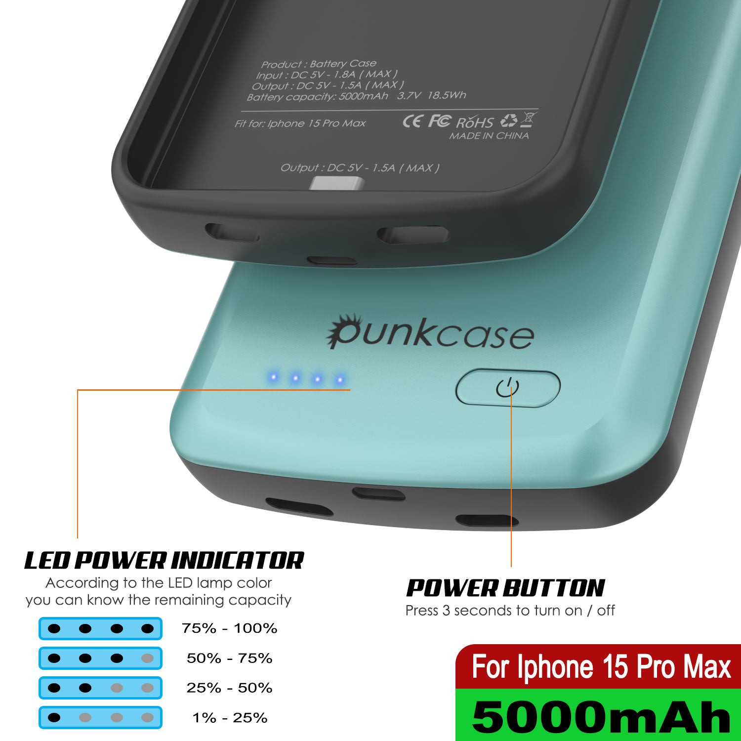 iPhone 16 Pro Max Battery Case, PunkJuice 8000mAH Fast Charging MagSafe Power Bank W/ Screen Protector | [Teal]