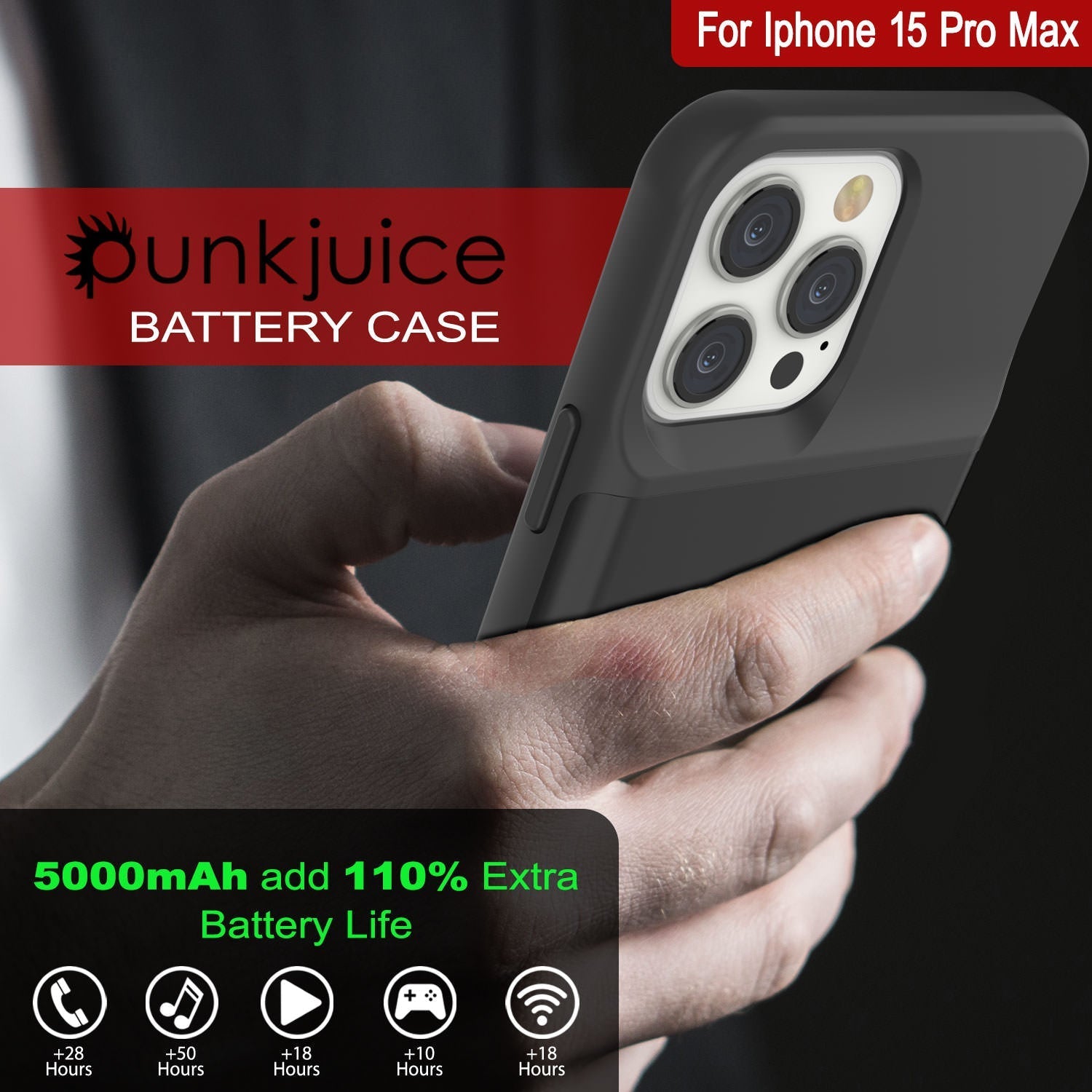 iPhone 16 Pro Max Battery Case, PunkJuice 8000mAH Fast Charging MagSafe Power Bank W/ Screen Protector | [Black]