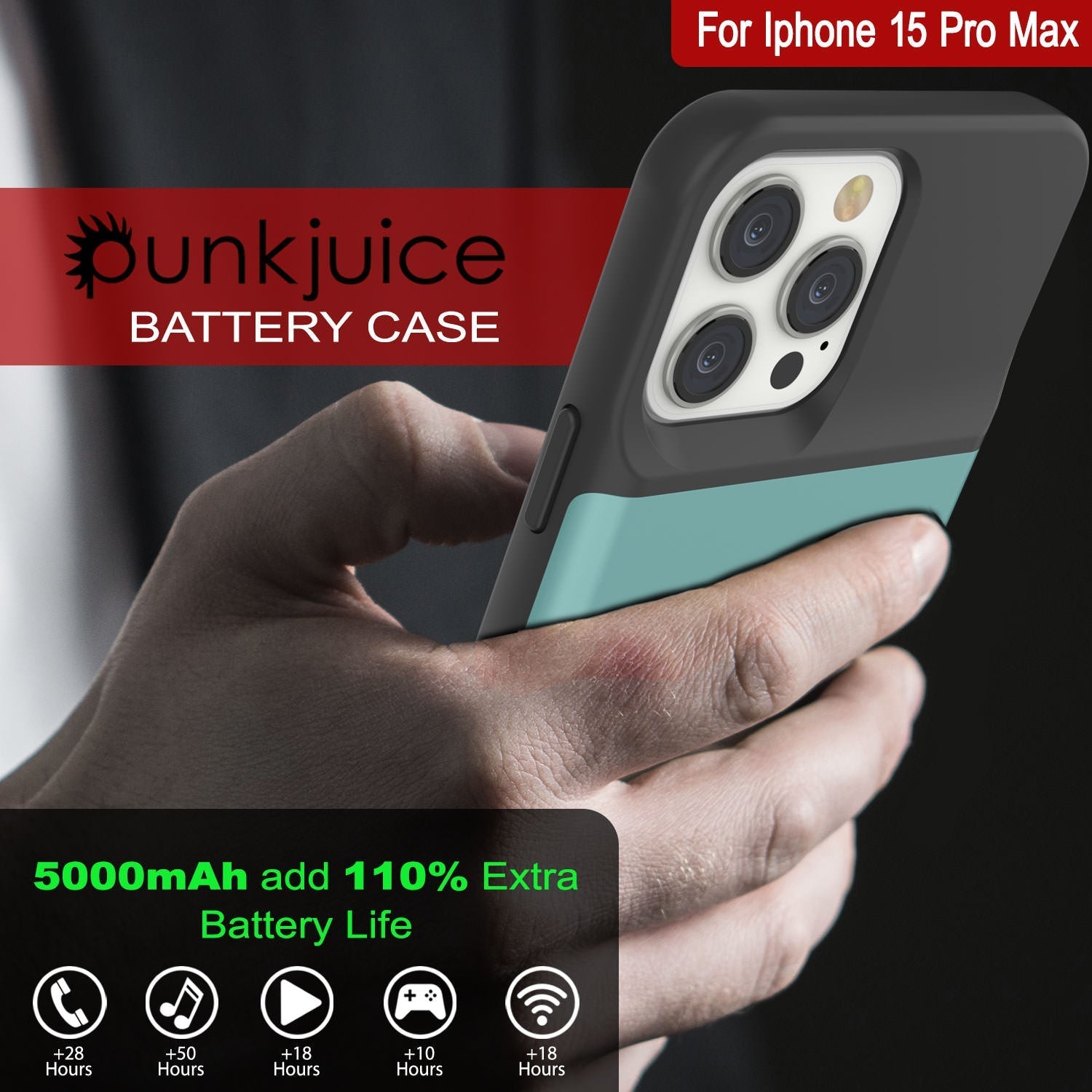 iPhone 16 Pro Max Battery Case, PunkJuice 8000mAH Fast Charging MagSafe Power Bank W/ Screen Protector | [Teal]