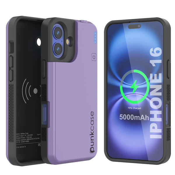 iPhone 16 Battery Case, PunkJuice 5000mAH Fast Charging MagSafe Power Bank W/ Screen Protector | [Purple]