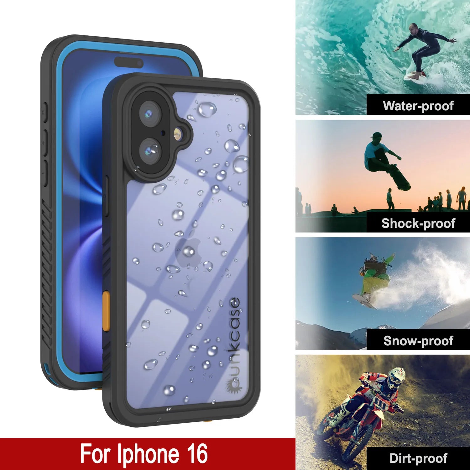 iPhone 16 Waterproof Case, Punkcase [Extreme Series] Armor Cover W/ Built In Screen Protector [Light Blue]