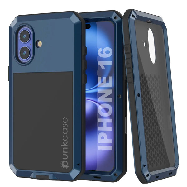 iPhone 16 Metal Case, Heavy Duty Military Grade Armor Cover [shock proof] Full Body Hard [Blue]