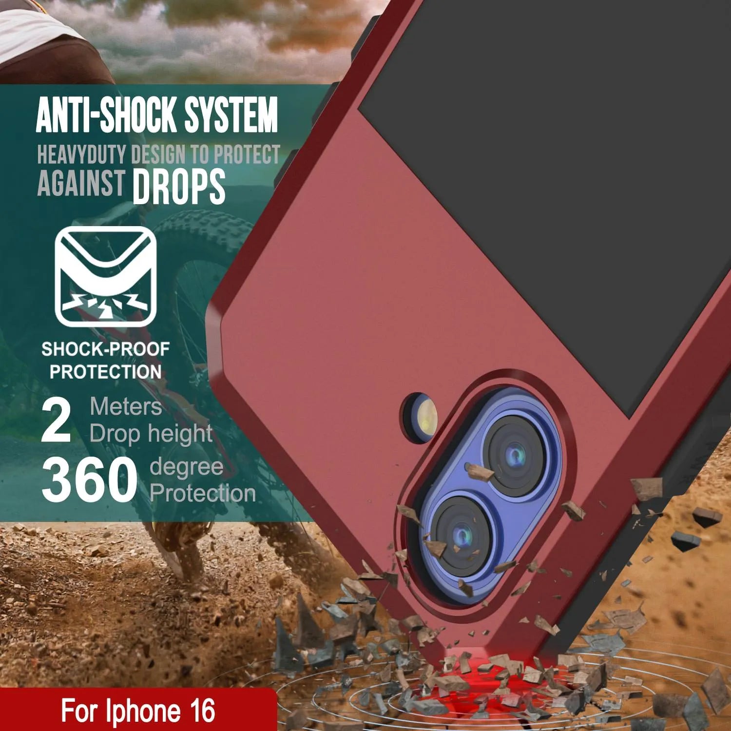 iPhone 16 Metal Case, Heavy Duty Military Grade Armor Cover [shock proof] Full Body Hard [Red]