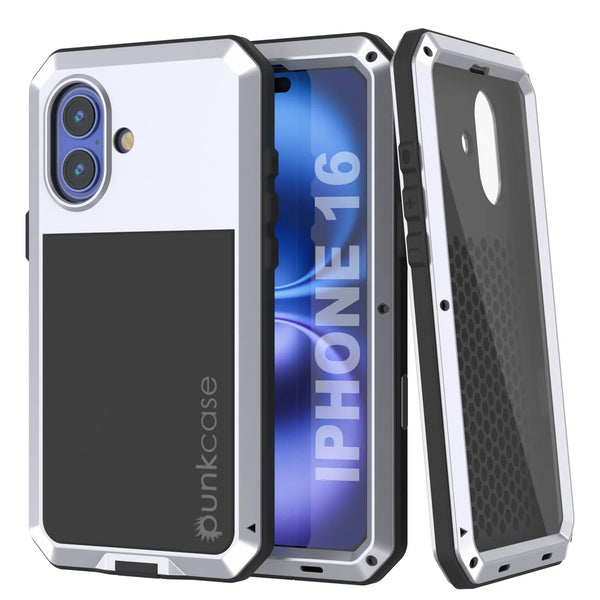 iPhone 16 Metal Case, Heavy Duty Military Grade Armor Cover [shock proof] Full Body Hard [White]