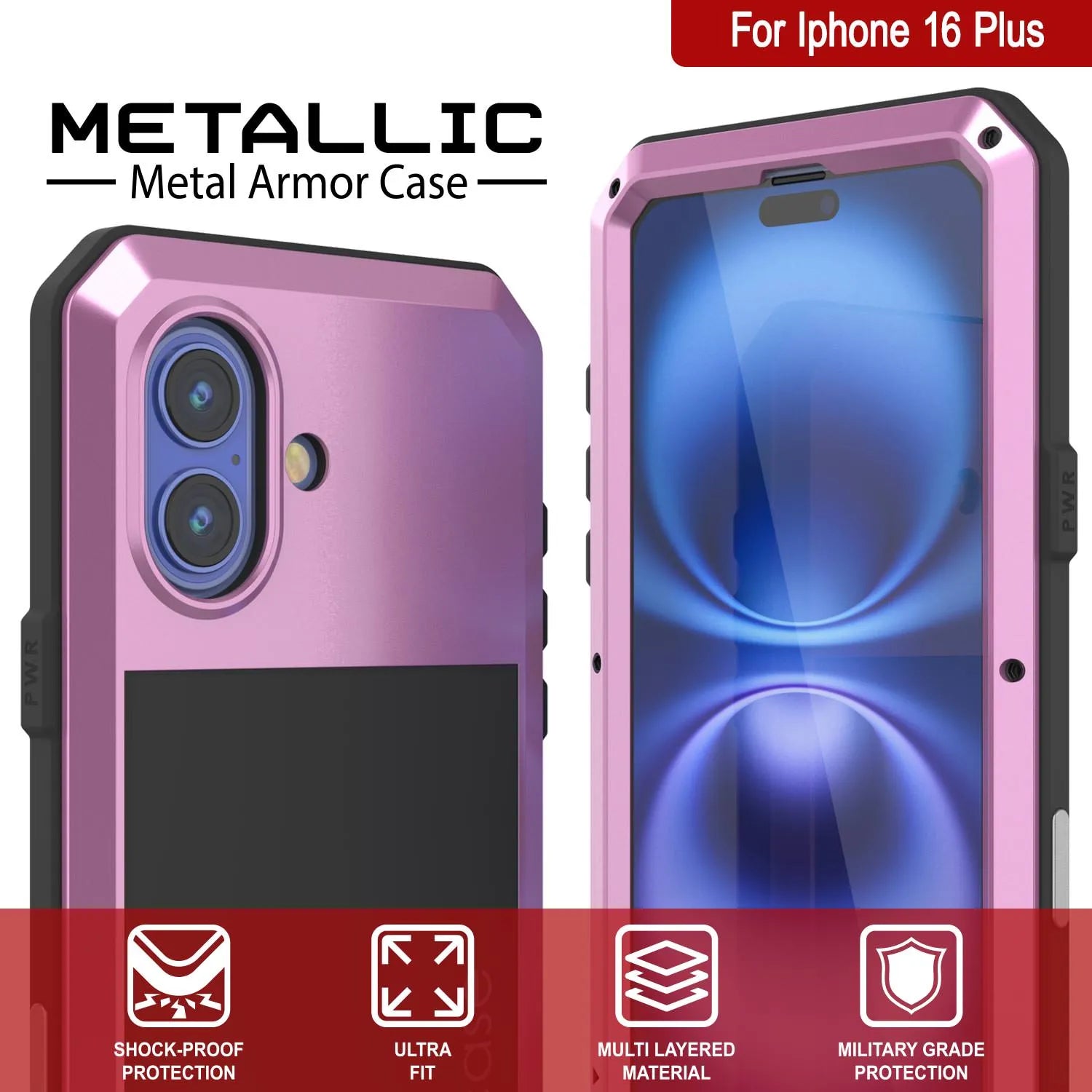 iPhone 16 Plus Metal Case, Heavy Duty Military Grade Armor Cover [shock proof] Full Body Hard [Pink]