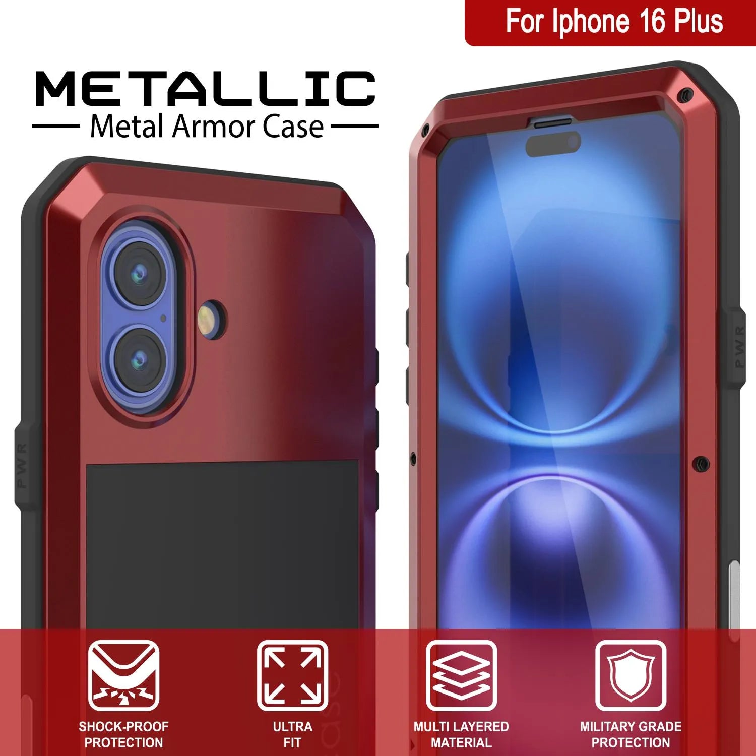 iPhone 16 Plus Metal Case, Heavy Duty Military Grade Armor Cover [shock proof] Full Body Hard [Red]