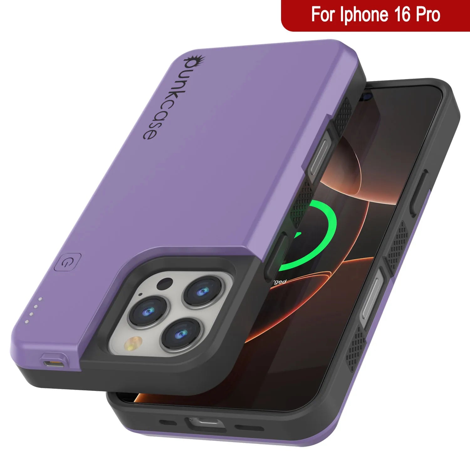 iPhone 16 Pro Battery Case, PunkJuice 5000mAH Fast Charging MagSafe Power Bank W/ Screen Protector | [Purple]