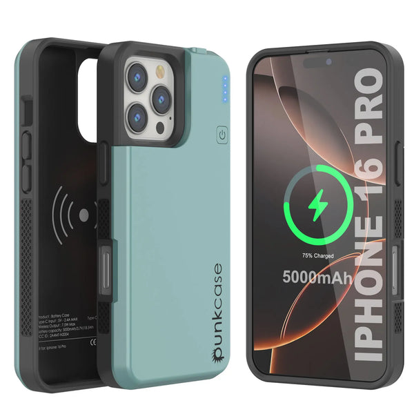 iPhone 16 Pro Battery Case, PunkJuice 5000mAH Fast Charging MagSafe Power Bank W/ Screen Protector | [Teal]