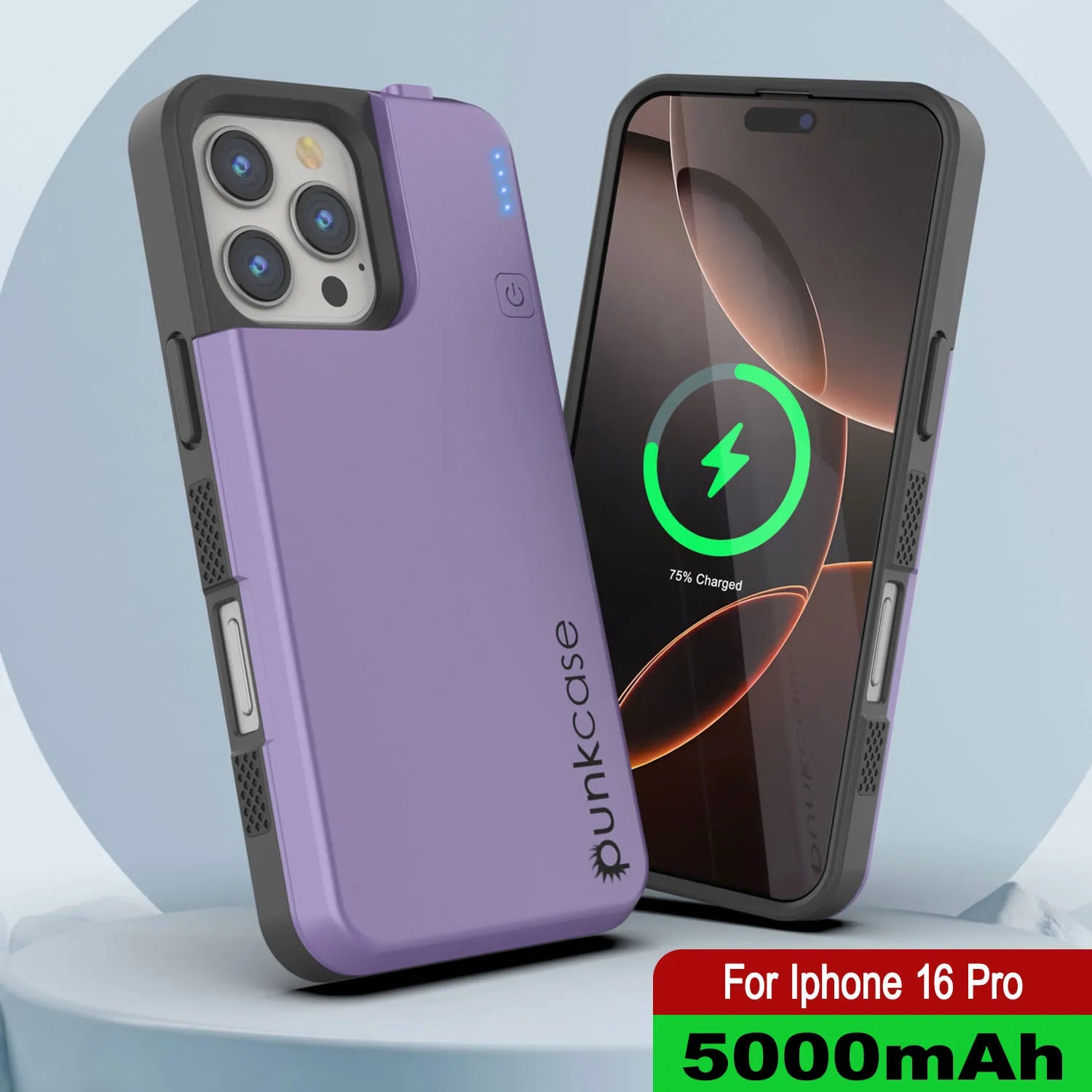 iPhone 16 Pro Battery Case, PunkJuice 5000mAH Fast Charging MagSafe Power Bank W/ Screen Protector | [Purple]