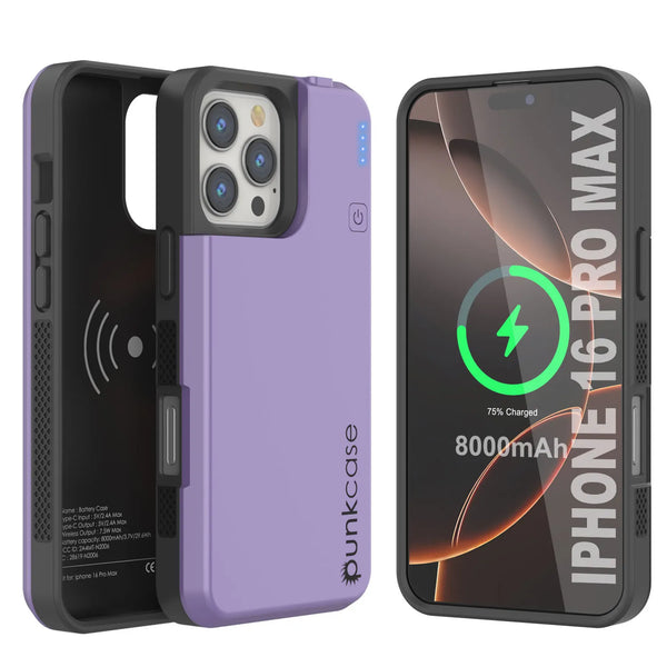 iPhone 16 Pro Max Battery Case, PunkJuice 8000mAH Fast Charging MagSafe Power Bank W/ Screen Protector | [Purple]