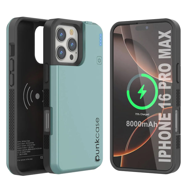 iPhone 16 Pro Max Battery Case, PunkJuice 8000mAH Fast Charging MagSafe Power Bank W/ Screen Protector | [Teal]