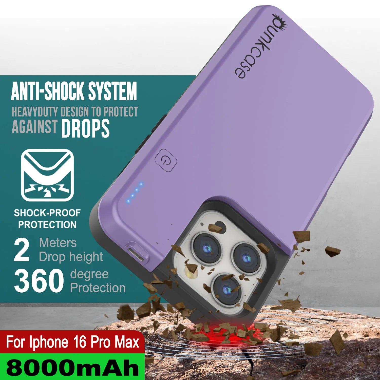 iPhone 16 Pro Max Battery Case, PunkJuice 8000mAH Fast Charging MagSafe Power Bank W/ Screen Protector | [Purple]