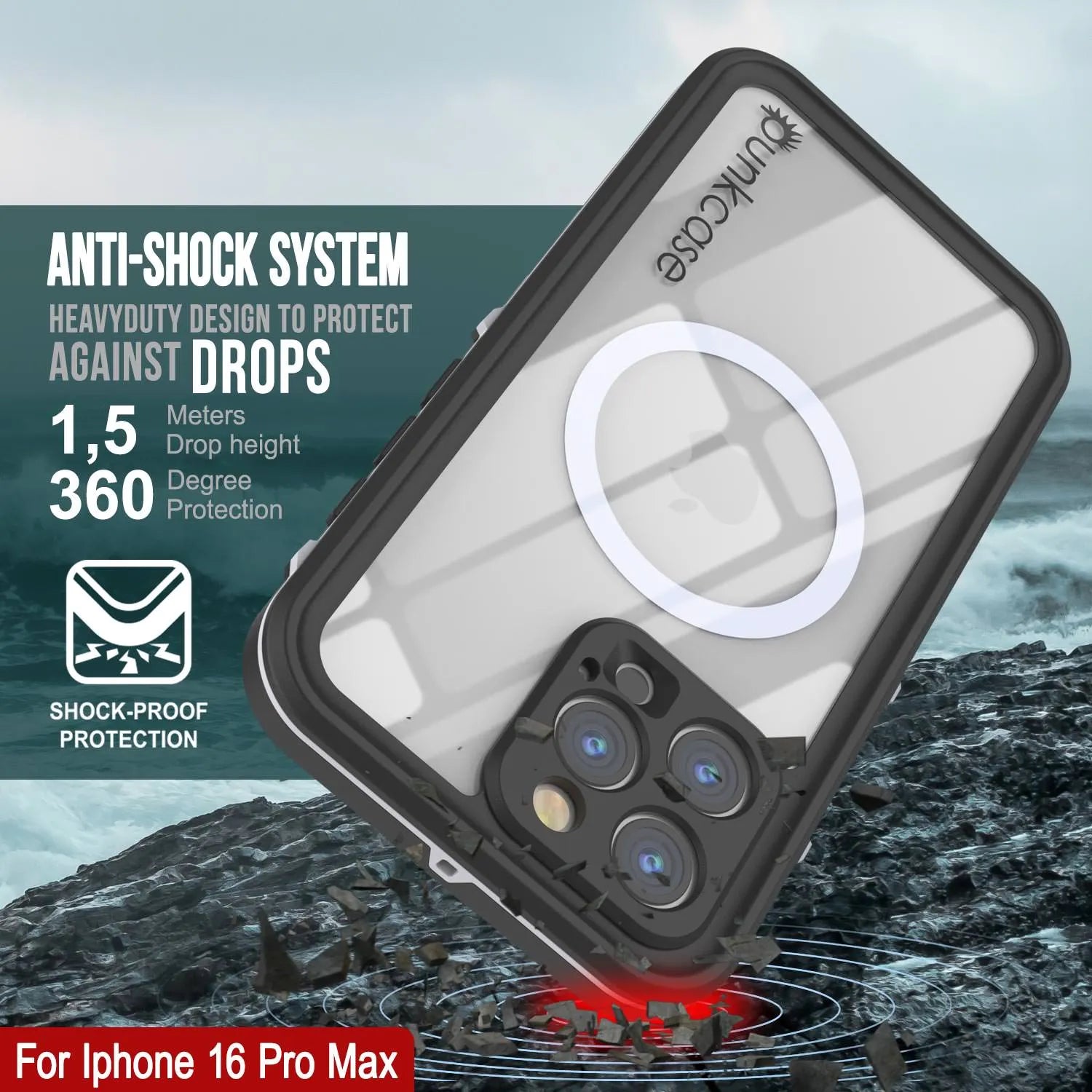 iPhone 16 Pro Max Waterproof Case, Punkcase SpikeStar White Series | Thin Fit 6.6ft Underwater IP68