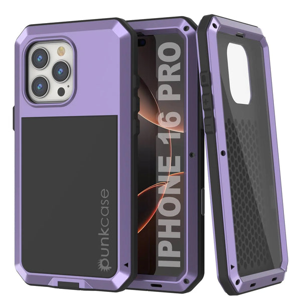 iPhone 16 Pro Metal Case, Heavy Duty Military Grade Armor Cover [shock proof] Full Body Hard [Purple]