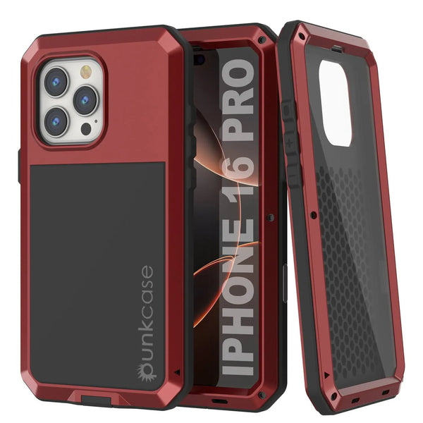 iPhone 16 Pro Metal Case, Heavy Duty Military Grade Armor Cover [shock proof] Full Body Hard [Red]