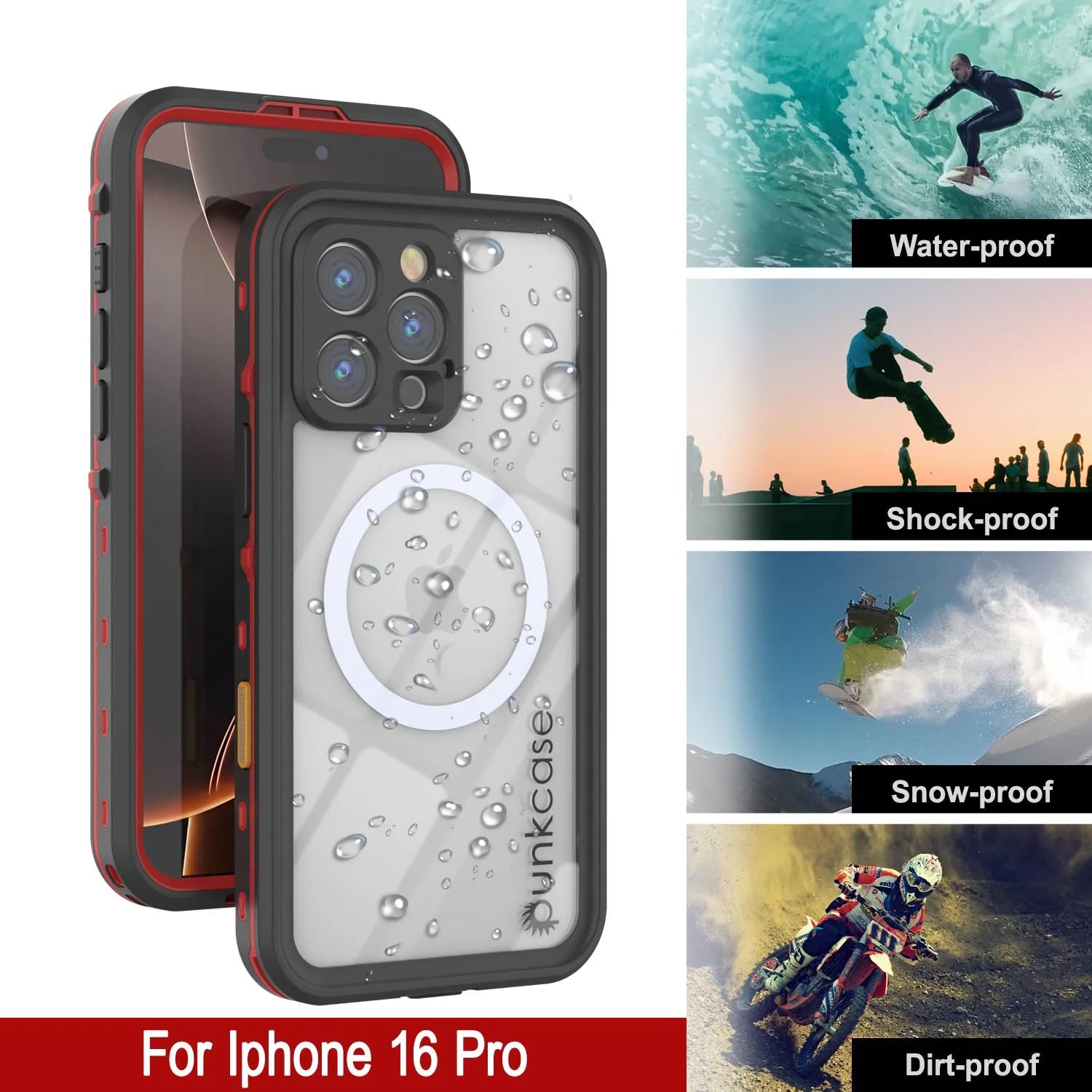 iPhone 16 Pro Waterproof Case, Punkcase SpikeStar Red Series | Thin Fit 6.6ft Underwater IP68