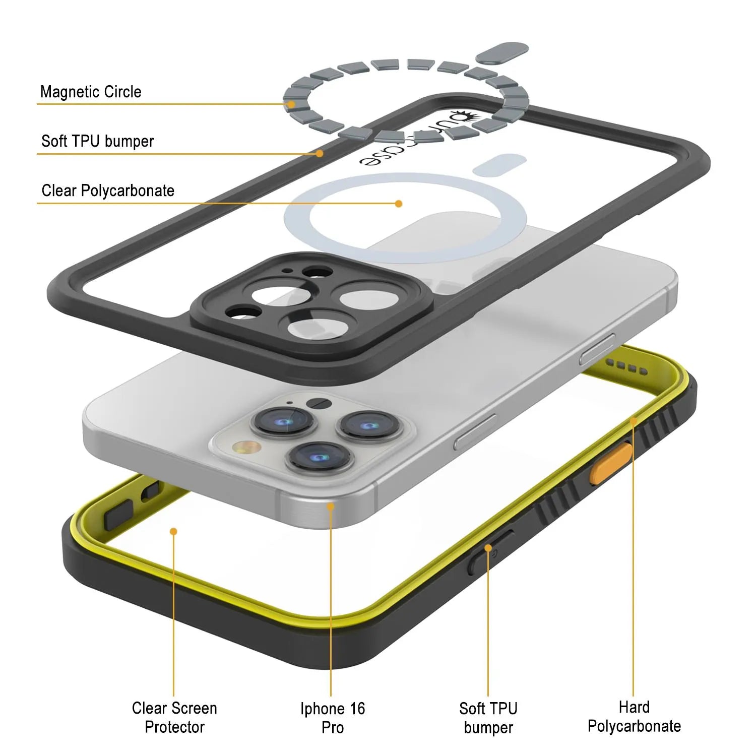 iPhone 16 Pro Waterproof Case, Punkcase [Extreme Mag Series] Armor Cover W/ Built In Screen Protector [Yellow]