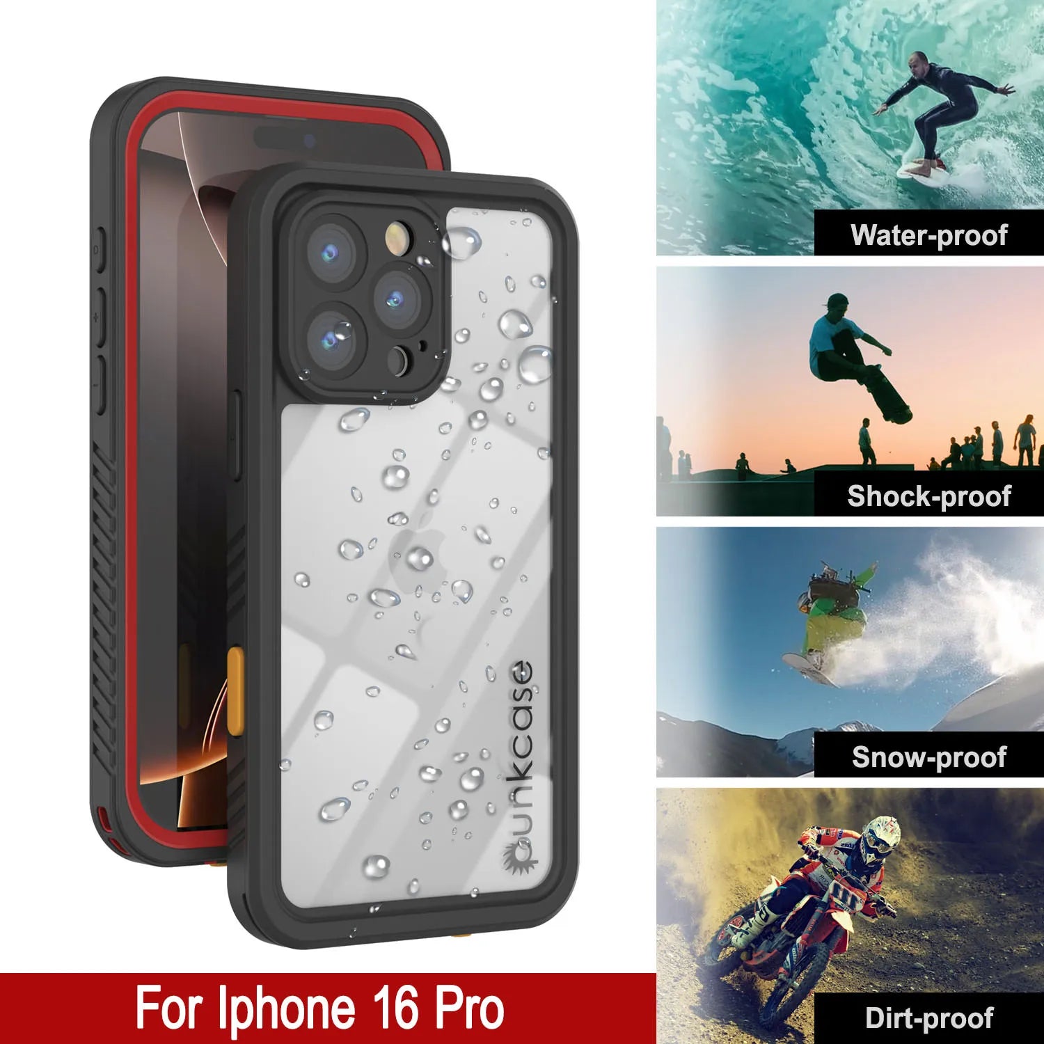 iPhone 16 Pro Waterproof Case, Punkcase [Extreme Series] Armor Cover W/ Built In Screen Protector [Red]