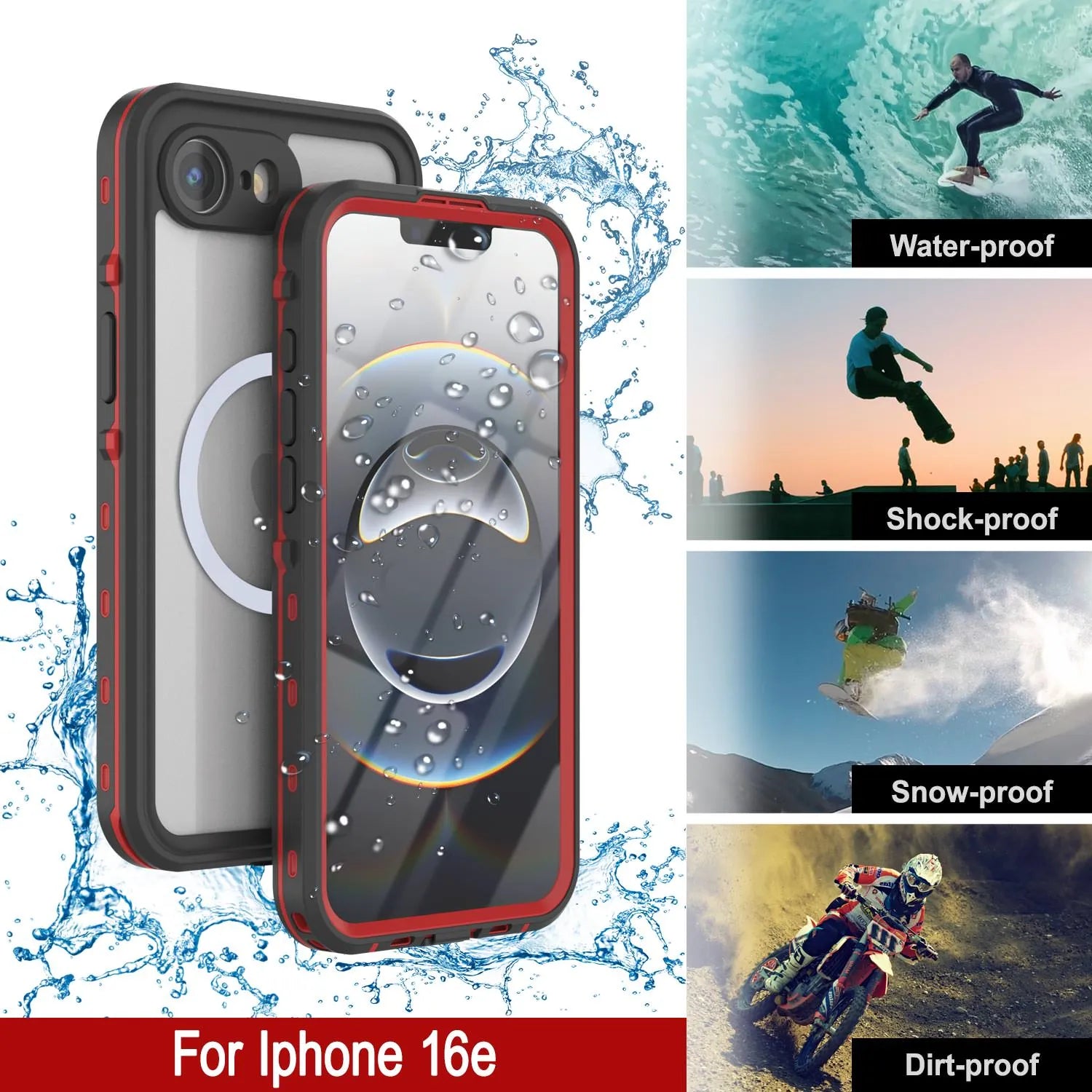 iPhone 16e Waterproof IP68 Case, Punkcase [Red] [StudStar Series] [Slim Fit]