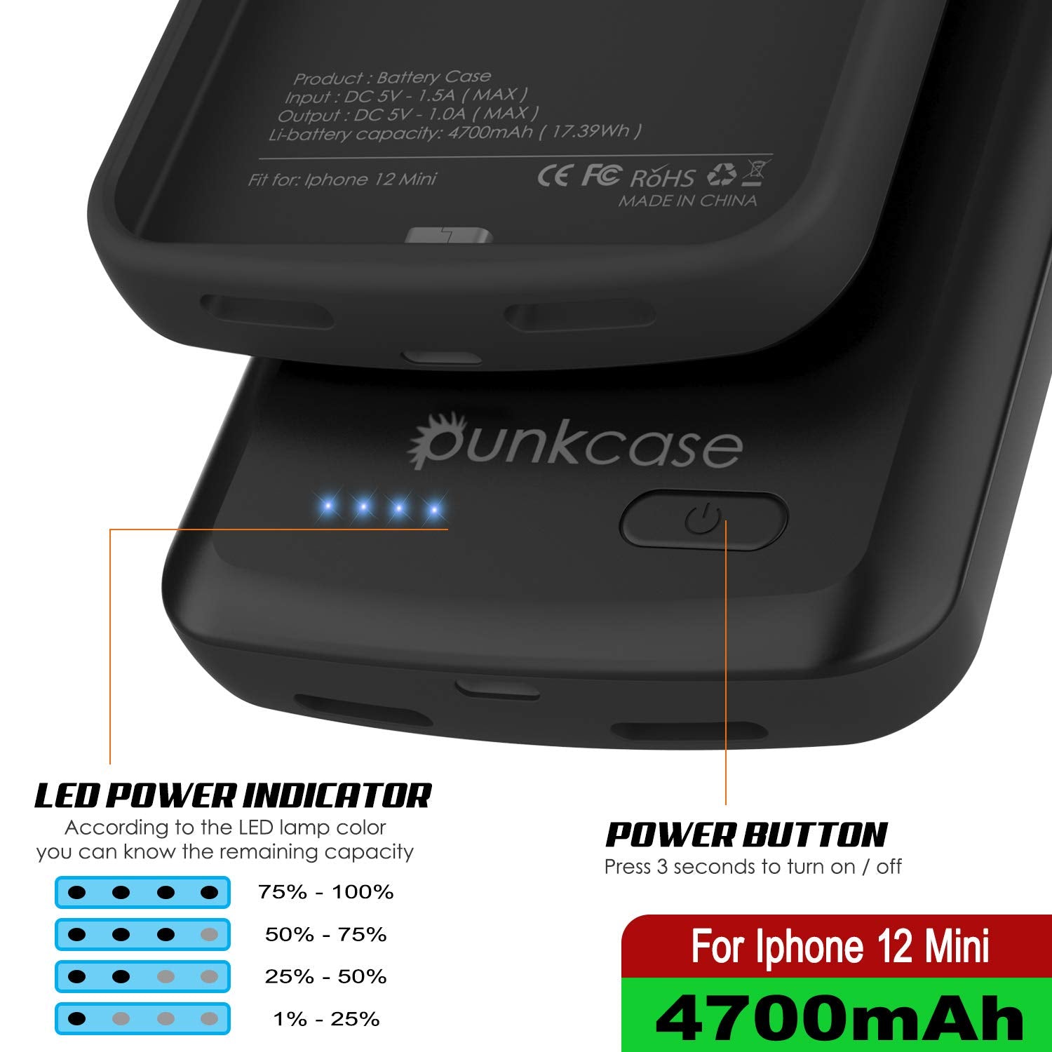 iPhone 12 Mini Battery Case, PunkJuice 4700mAH Fast Charging Power Bank W/ Screen Protector | [Black]