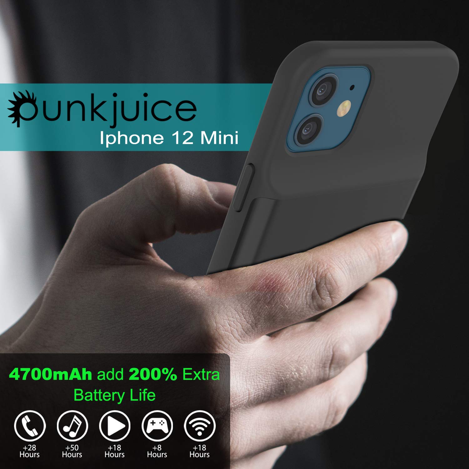 iPhone 12 Mini Battery Case, PunkJuice 4700mAH Fast Charging Power Bank W/ Screen Protector | [Black]
