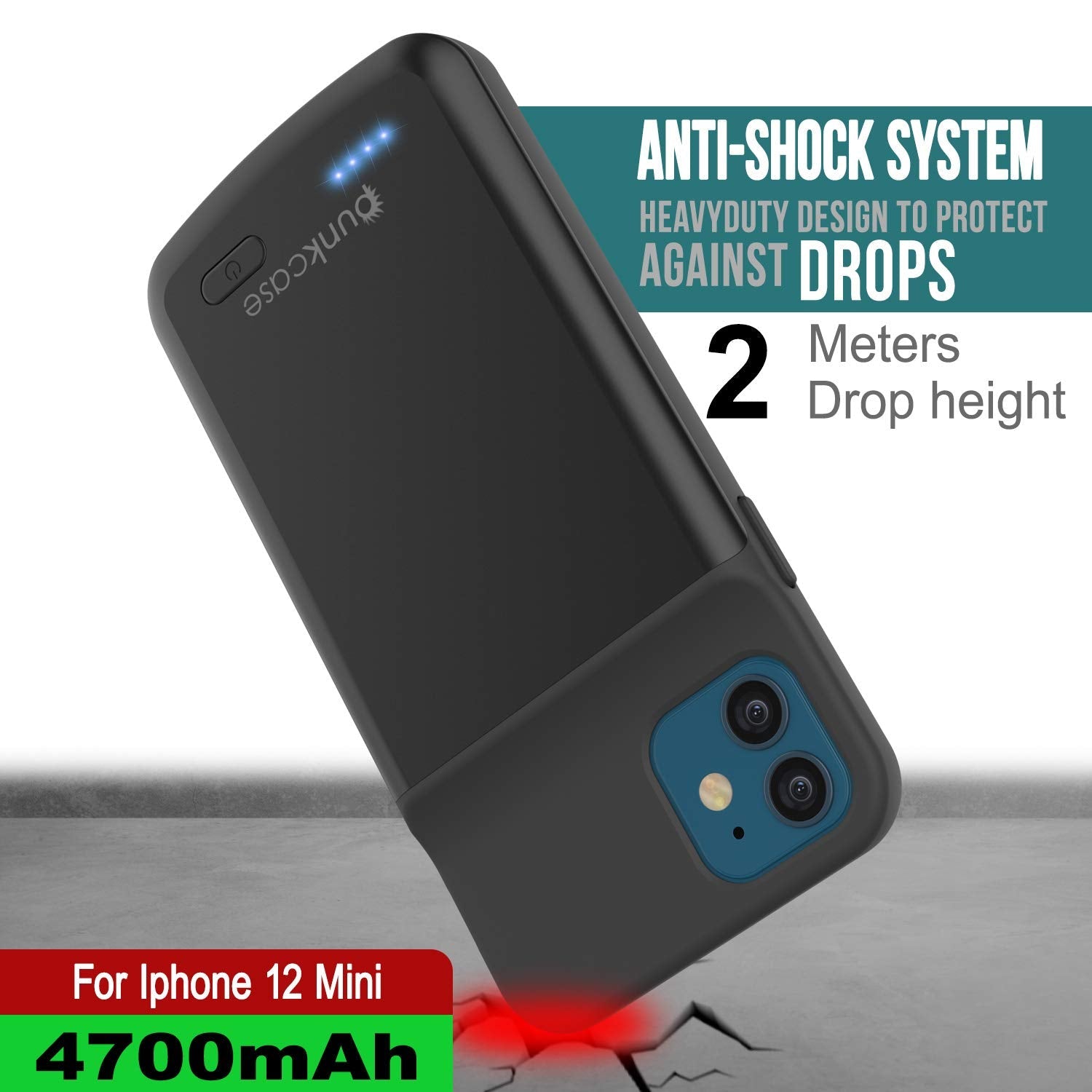 iPhone 12 Mini Battery Case, PunkJuice 4700mAH Fast Charging Power Bank W/ Screen Protector | [Black]