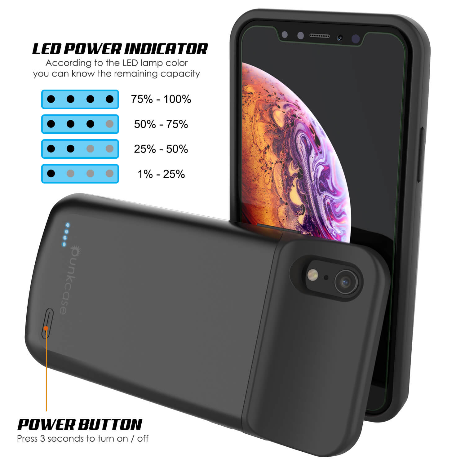 iphone XR Battery Case, PunkJuice 5000mAH Fast Charging Power Bank W/ Screen Protector | [Black]