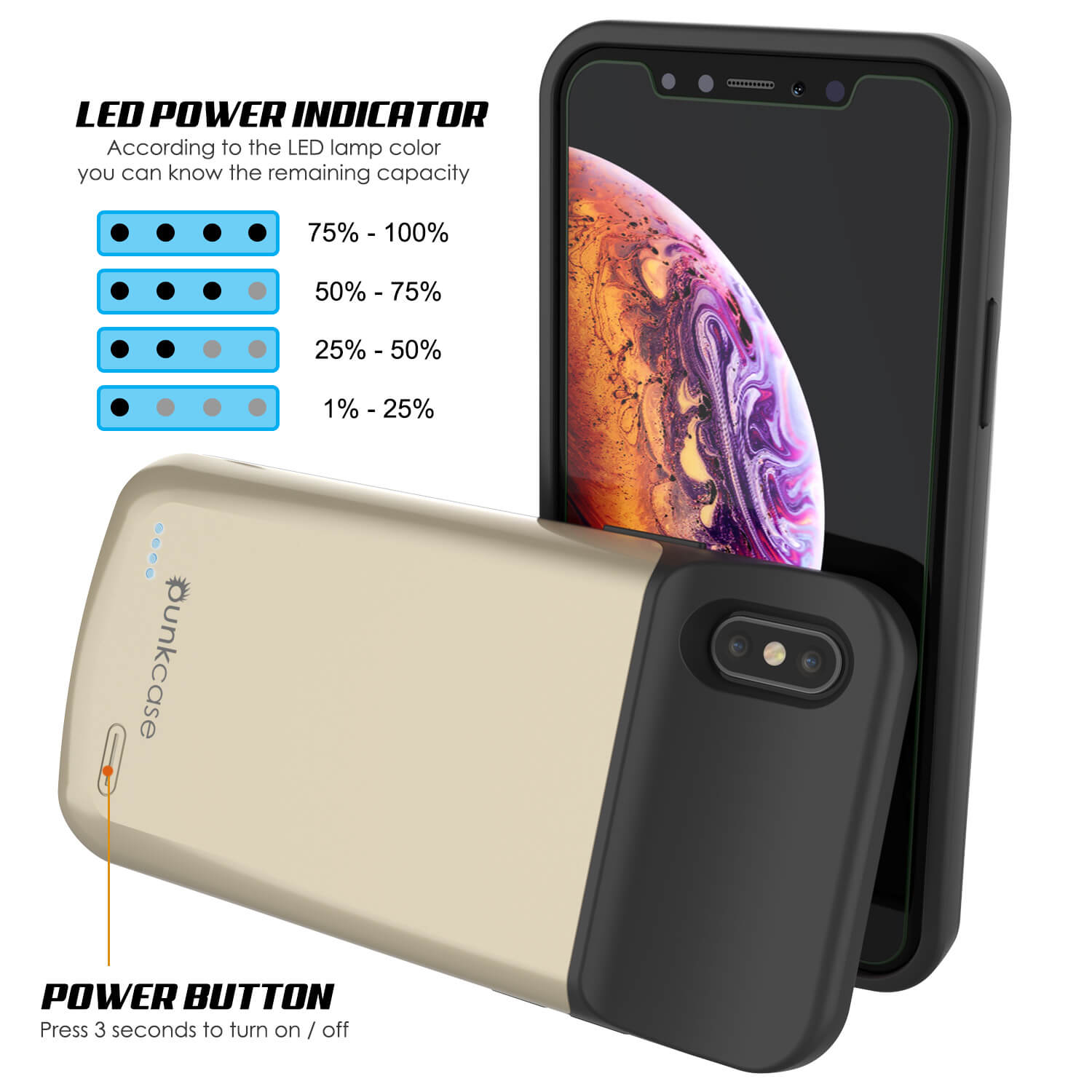 iphone XS Max Battery Case, PunkJuice 5000mAH Fast Charging Power Bank W/ Screen Protector | [Gold]