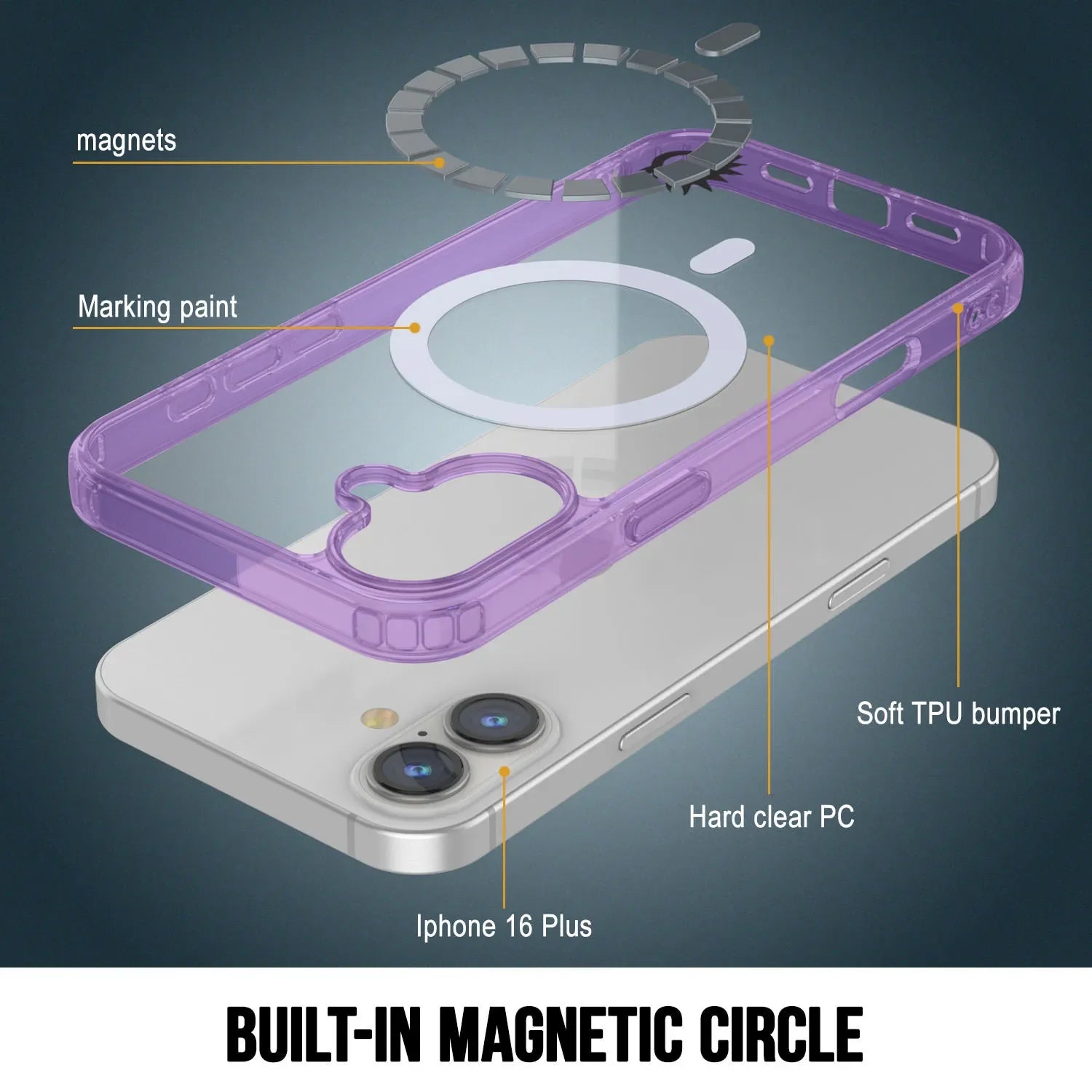 Punkcase iPhone 16 Plus Magnetic Wireless Charging Case [ClearMag Series][Purple]