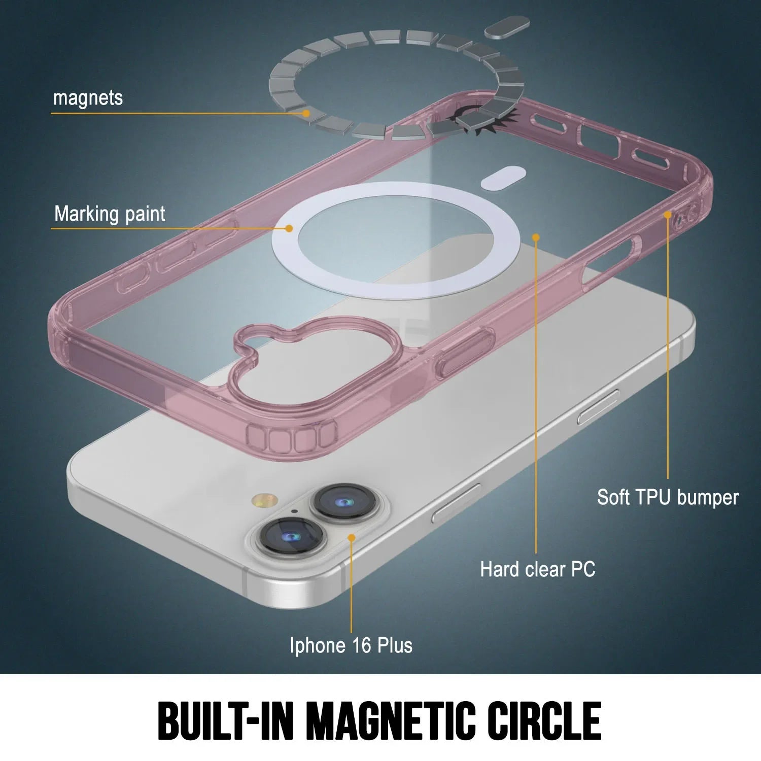 Punkcase iPhone 16 Plus Magnetic Wireless Charging Case [ClearMag Series][Rose]