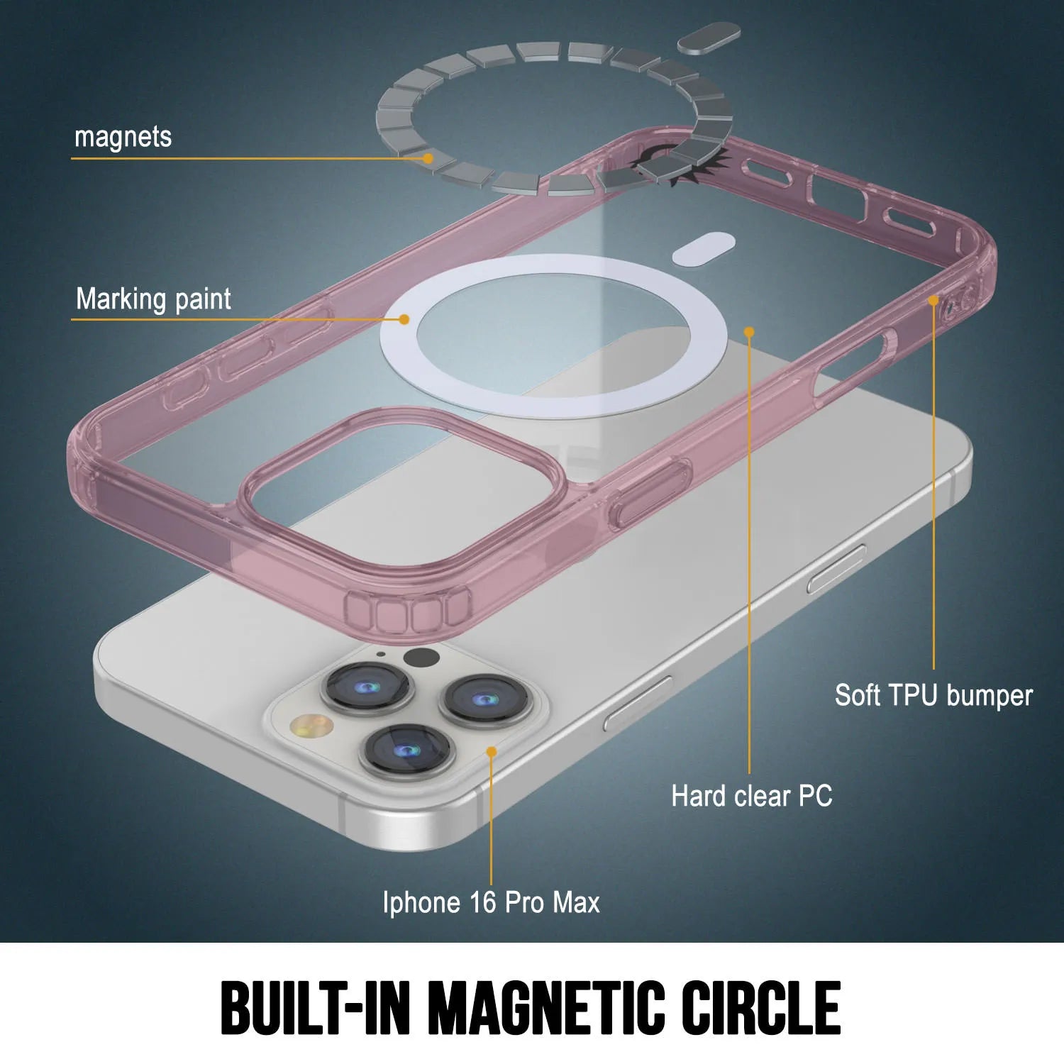 Punkcase iPhone 16 Pro Max Magnetic Wireless Charging Case [ClearMag Series][Rose]