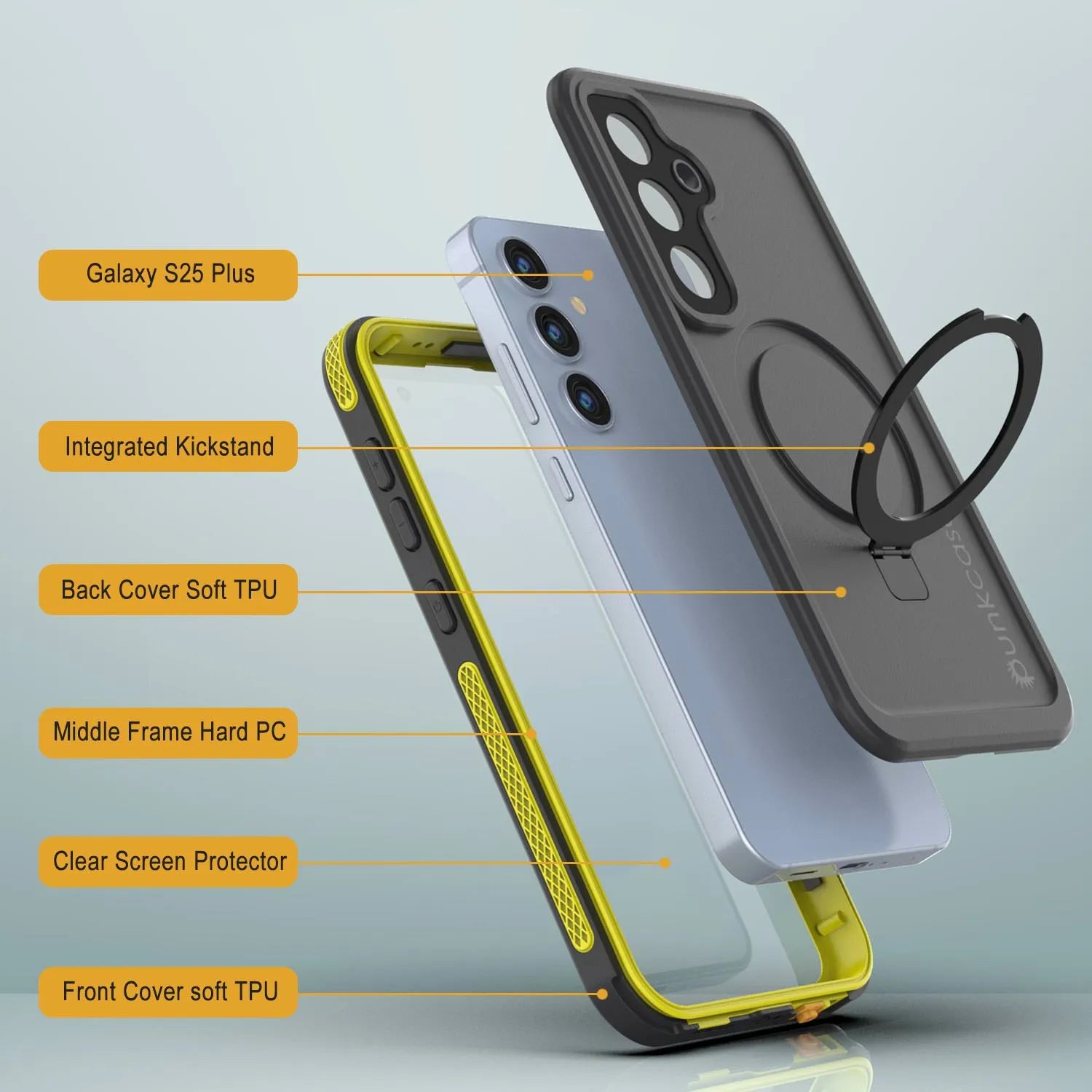 Galaxy S25 Plus Waterproof Case [Kickstud 2.0 Series] Protective IP68 Cover W/Screen Protector & Kickstand [Yellow]