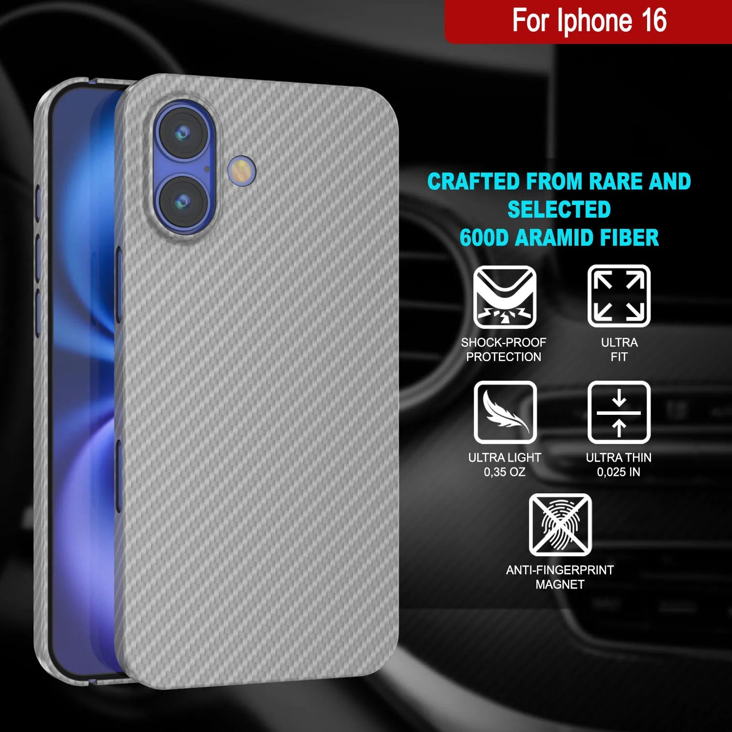 Punkcase iPhone 16 Carbon Fiber Case [AramidShield Series] Ultra Slim & Light Kevlar [White]