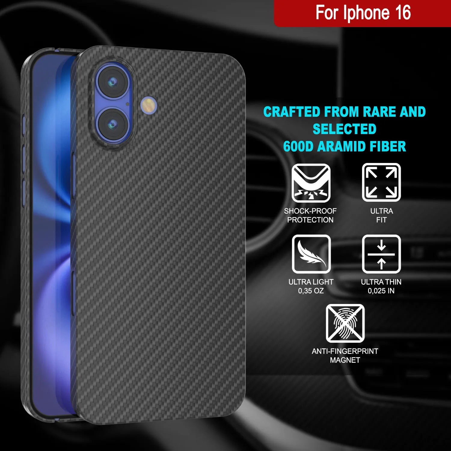 Punkcase iPhone 16 Carbon Fiber Case [AramidShield Series] Ultra Slim & Light Kevlar [Black]