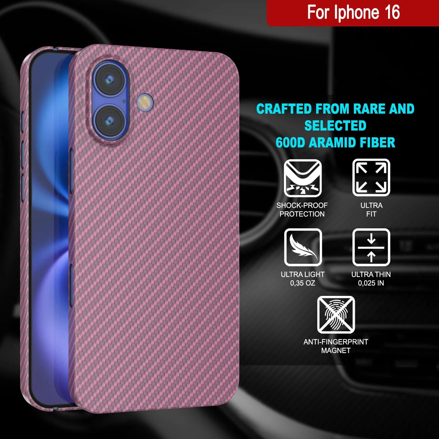 Punkcase iPhone 16 Carbon Fiber Case [AramidShield Series] Ultra Slim & Light Kevlar [Pink]