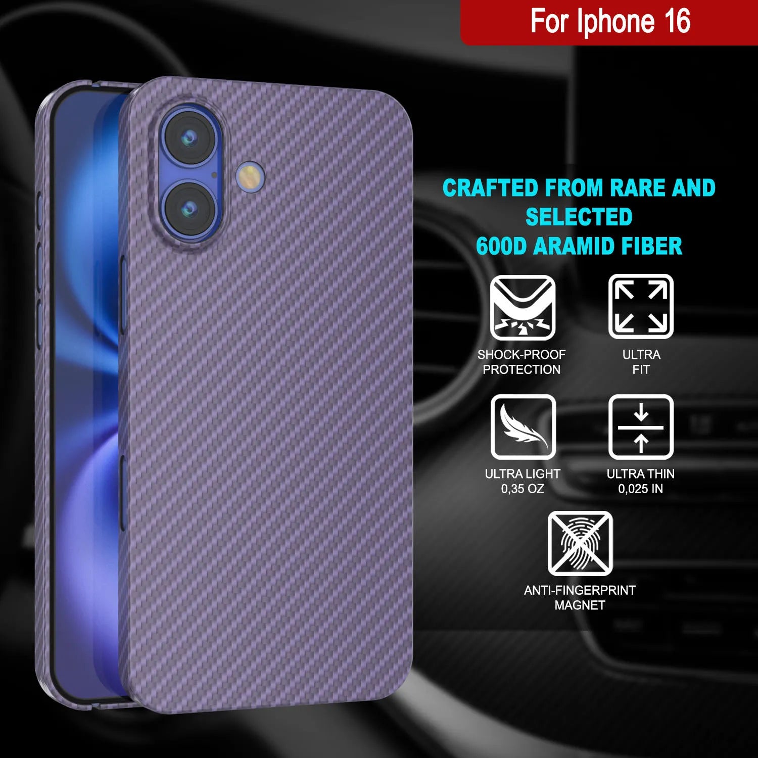 Punkcase iPhone 16 Carbon Fiber Case [AramidShield Series] Ultra Slim & Light Kevlar [Lilac]