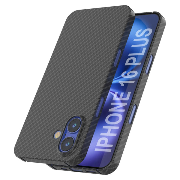 Punkcase iPhone 16 Plus Carbon Fiber Case [AramidShield Series] Ultra Slim & Light Kevlar [Black]