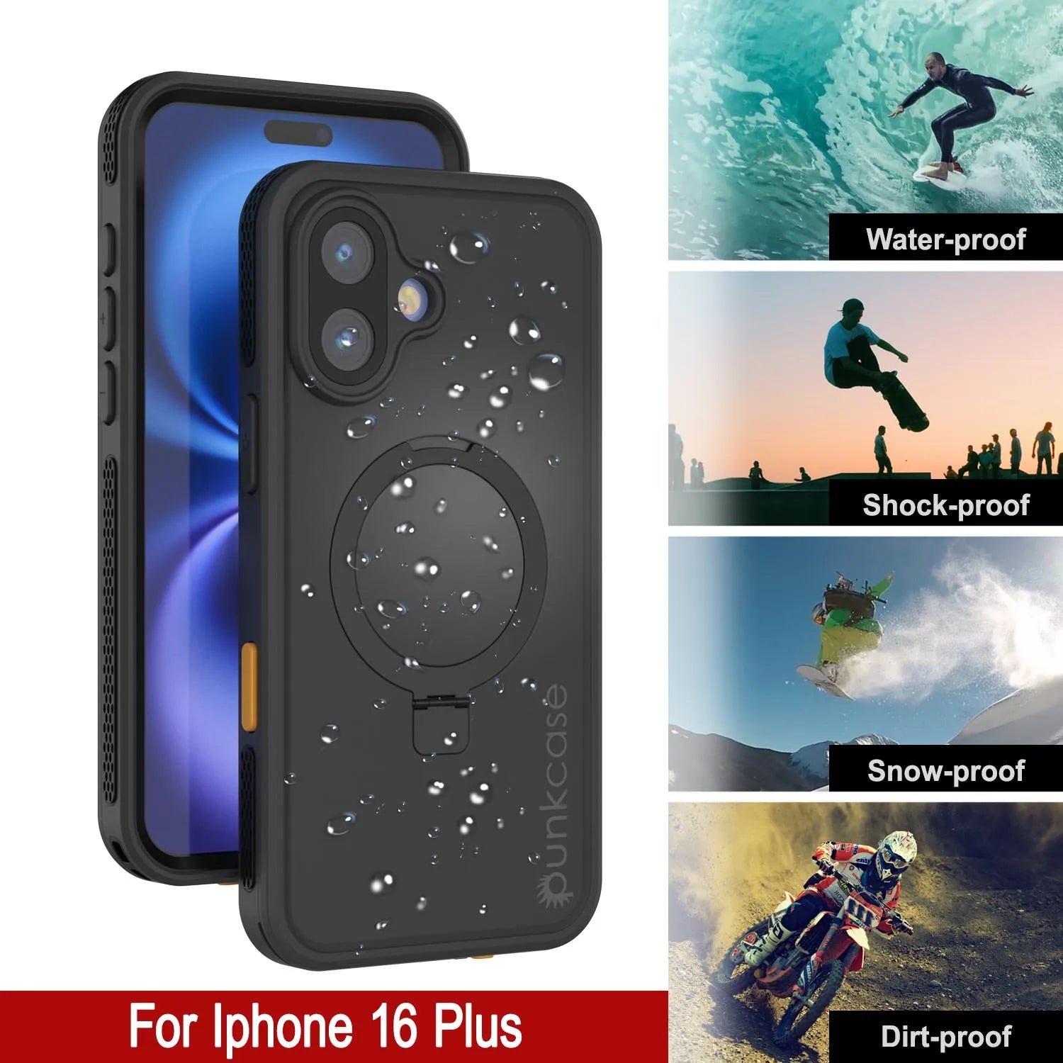 iPhone 16 Plus Waterproof Case [Kickstud 2.0 Series] Protective IP68 Cover W/Screen Protector & Kickstand [Black]