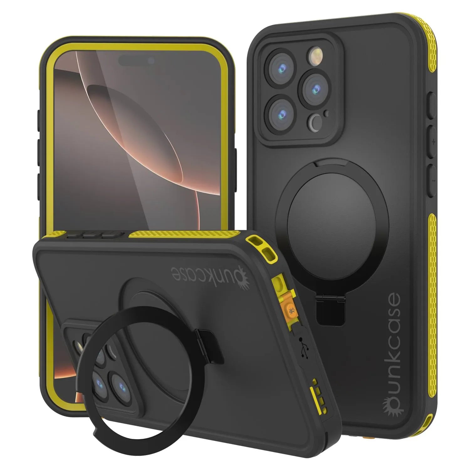 iPhone 16 Pro Max Waterproof Case [Kickstud 2.0 Series] Protective IP68 Cover W/Screen Protector & Kickstand (Yellow)