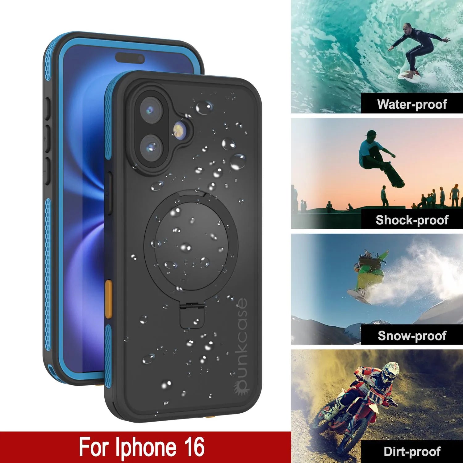 iPhone 16 Waterproof Case [Kickstud 2.0 Series] Protective IP68 Cover W/Screen Protector & Kickstand [Blue]