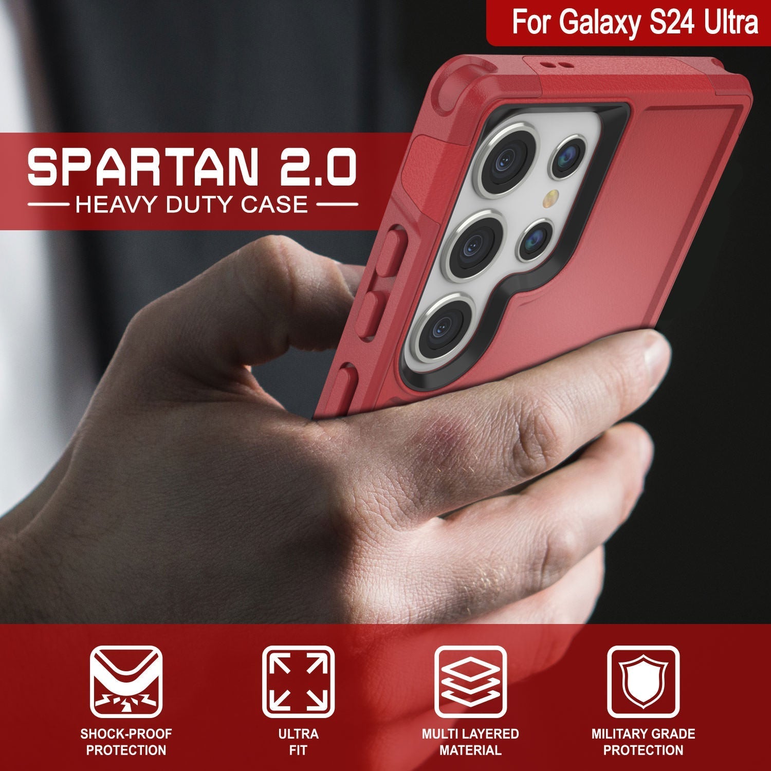 PunkCase Galaxy S25 Ultra Case, [Spartan 2.0 Series] Clear Rugged Heavy Duty Cover [Red]